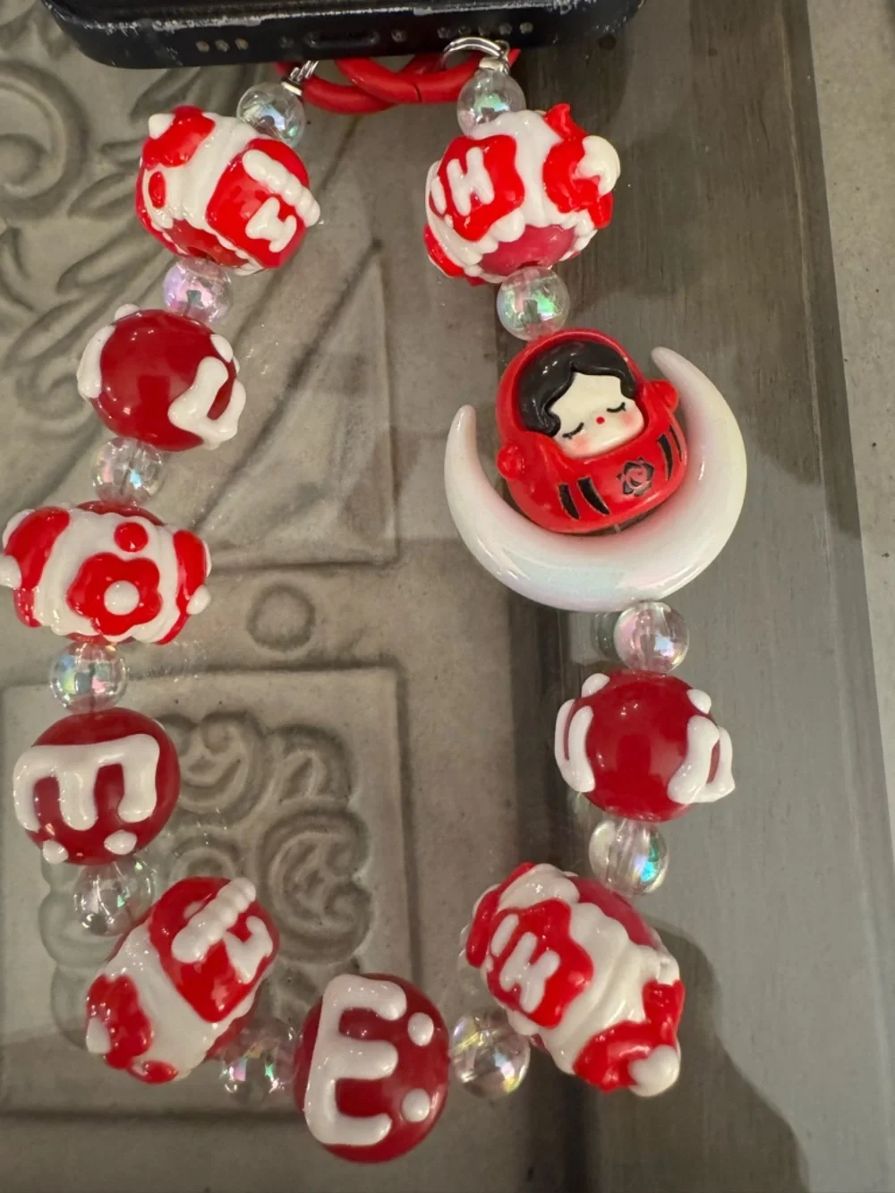 New Red and White Beaded cellphone chain
